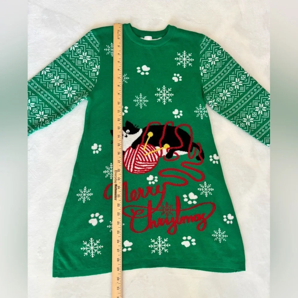 Christmas Dress Green Knit Tunic with Cat Design Long Sleeve Size XXL